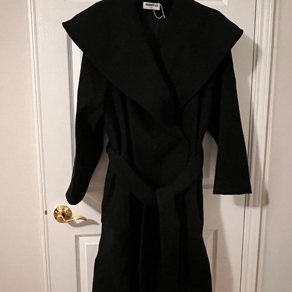 Rebdolls Wide Collar Belted Mid-Length Black Coat Plus Size 2X Long Sleeve - Picture 2 of 4